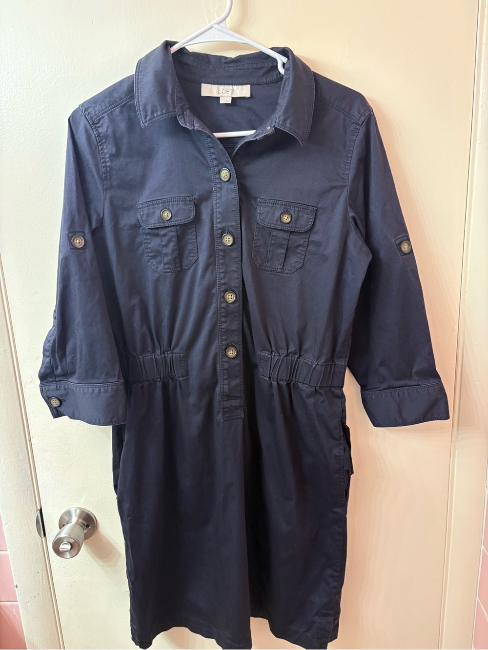 LOFT Navy Utility Shirt Dress with Button Front